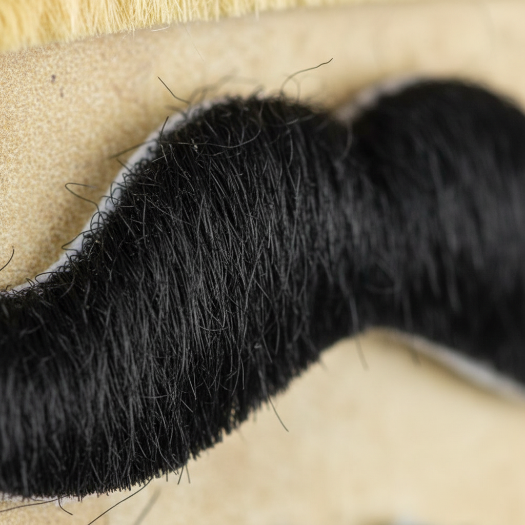 Extreme macro close-up of a black fancy dress moustache showing realistic synthetic hair texture and fibre detail