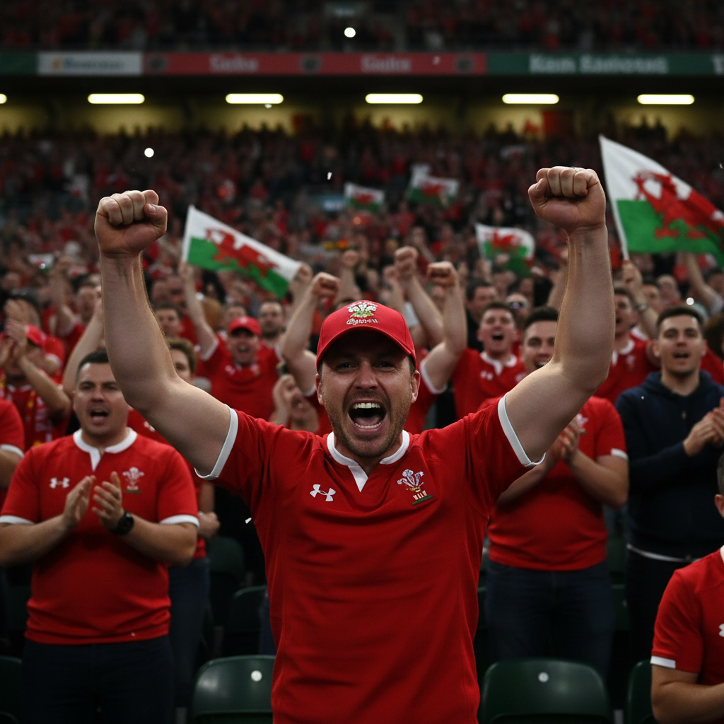 Man wearing Welsh Three Feathers red baseball cap cheering passionately at Welsh rugby match