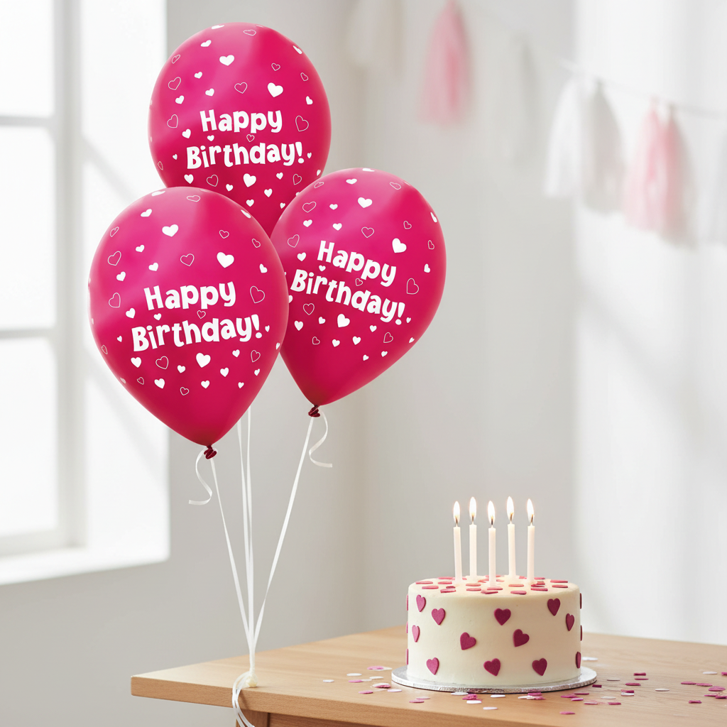 Fuchsia pink Happy Birthday heart balloons tied to a birthday party table with cake and streamers in natural window light