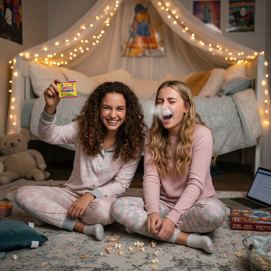Two teenage girls at a sleepover laughing as one pranks the other with joke sneezing powder