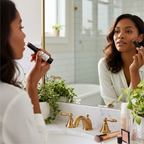 Woman applying Leichner Camera Clear Foundation Coffee shade - lifestyle beauty image