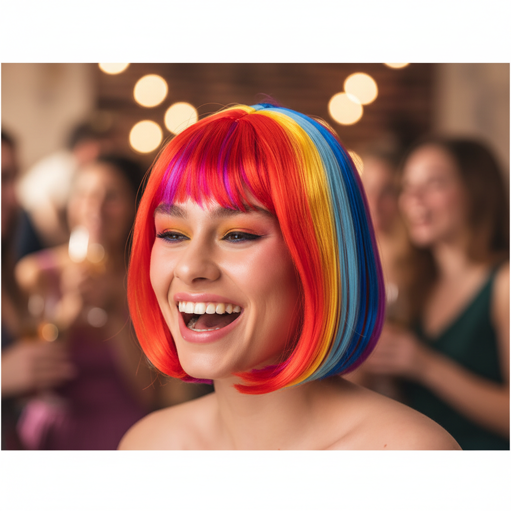 Woman laughing and wearing rainbow multi colour bob wig at a party — candid lifestyle shot