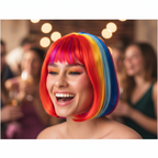 Woman laughing and wearing rainbow multi colour bob wig at a party — candid lifestyle shot
