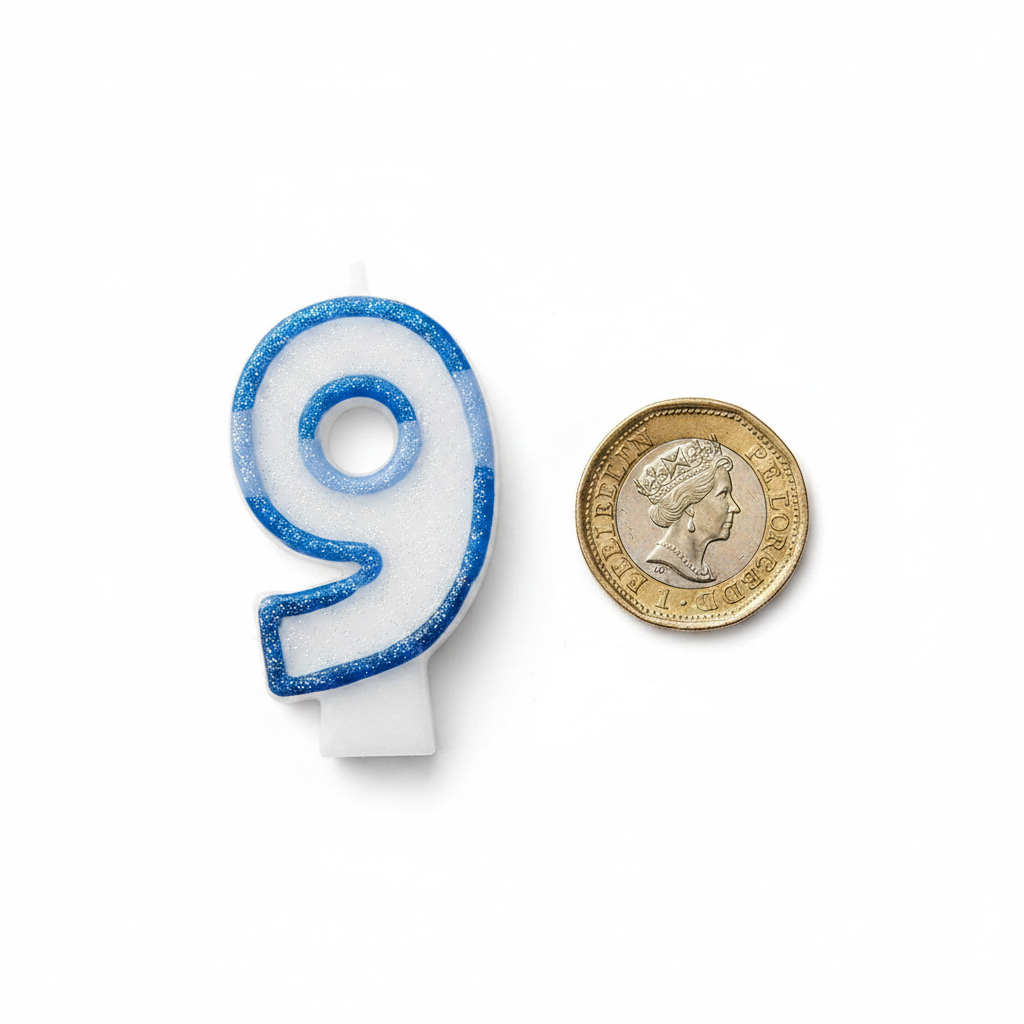 Blue glitter number 9 birthday candle flat lay beside a 1 pound coin showing product scale, white background overhead shot