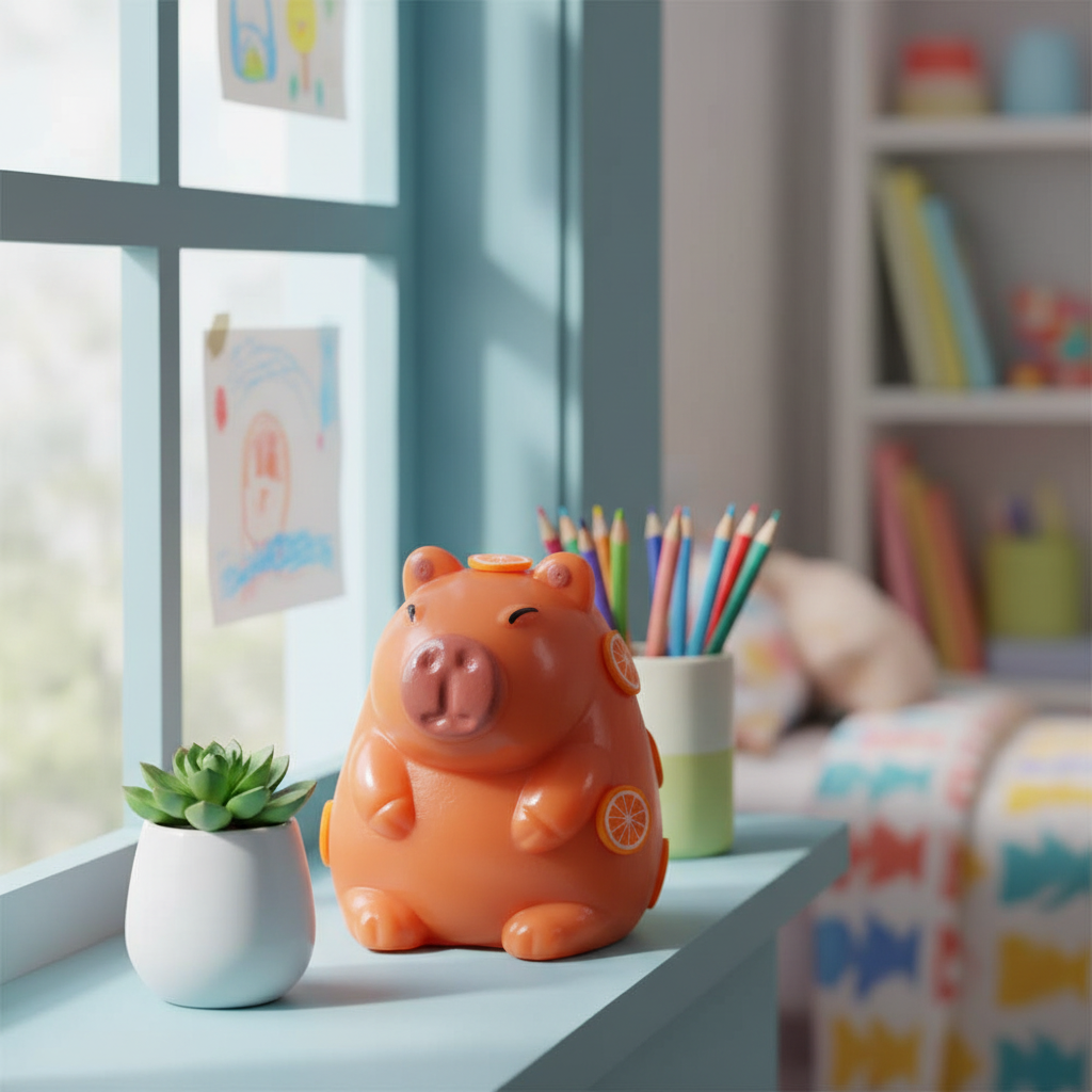 Scrunchems Sticky Squishy Capybara toy sitting on a child's bedroom windowsill in natural light
