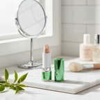 W7 Tea Tree Concealer Stick Light/Medium on marble vanity with mirror and tea tree sprig, natural window light editorial beauty styling