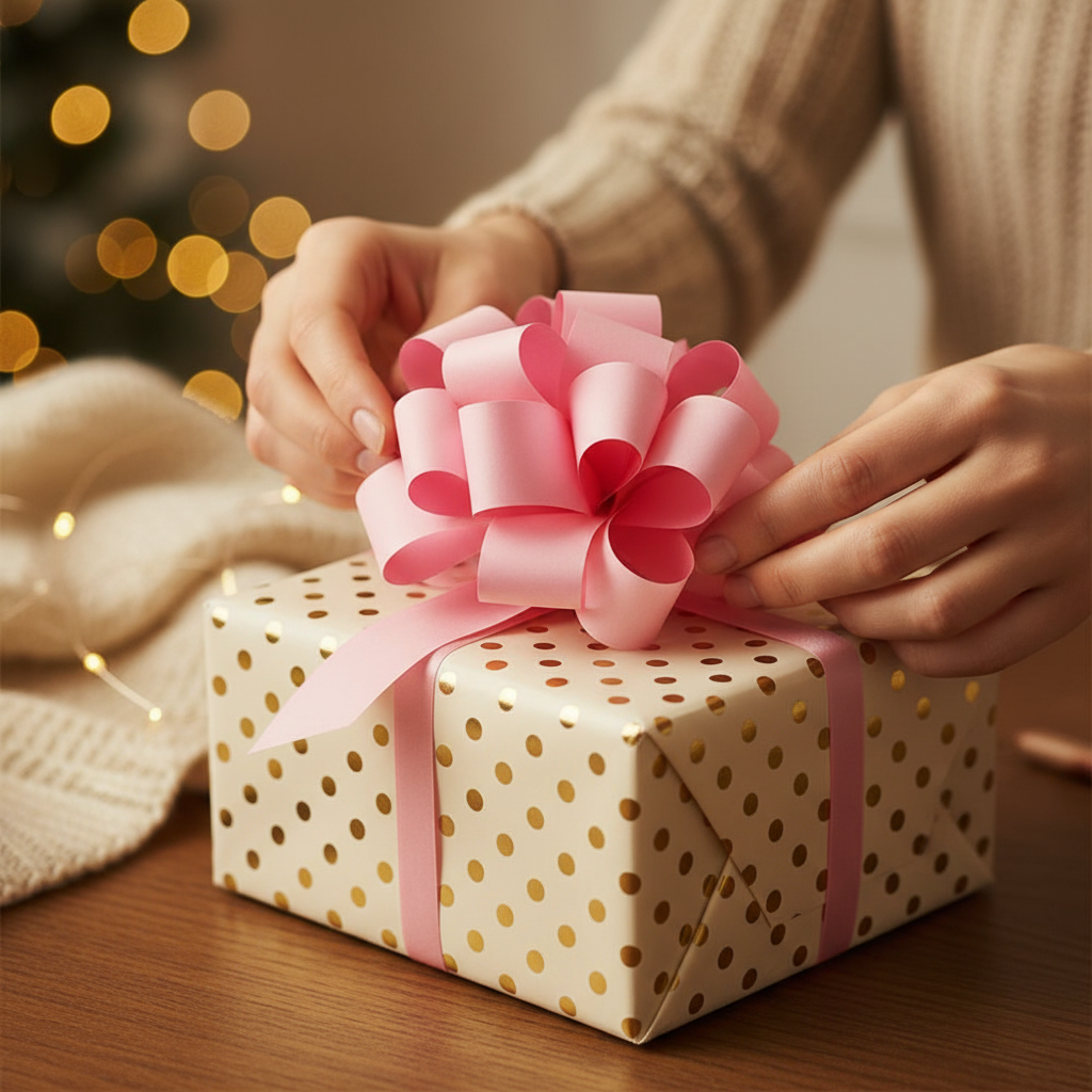 Woman placing a large light pink pull bow onto a wrapped gift, candid lifestyle moment