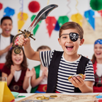 Person wearing pirate eyepatch and holding cutlass sword at a fancy dress party
