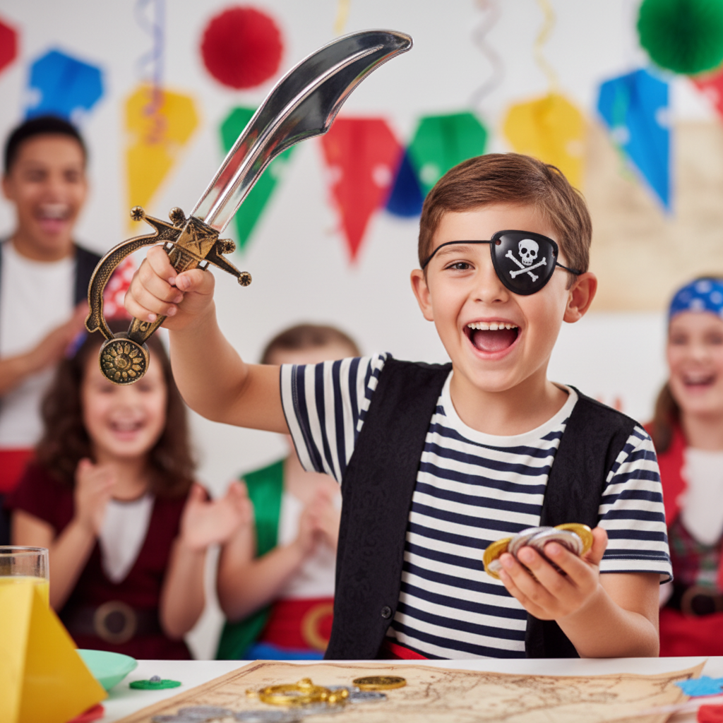 Person wearing pirate eyepatch and holding cutlass sword at a fancy dress party