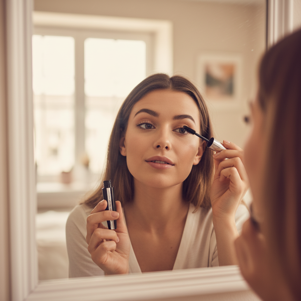 Woman applying Lilyz Waterproof Volume Mascara Black in a candid beauty moment