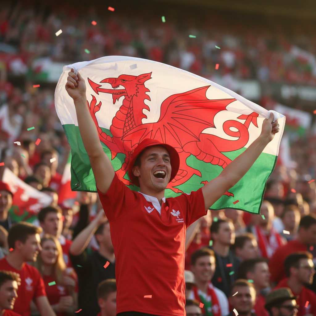 Person celebrating with compact Welsh Dragon flag at outdoor event showing national pride