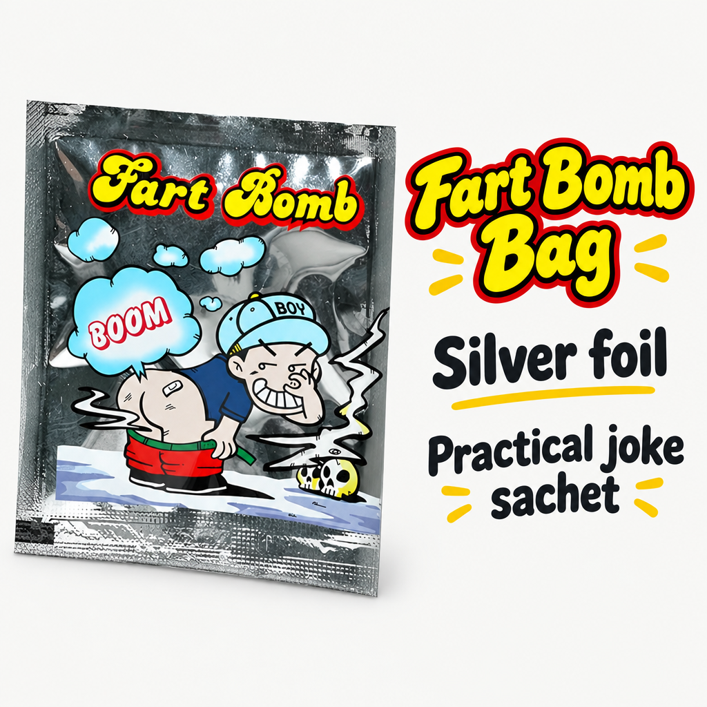 Silver Fart Bomb packet beside product information identifying a silver foil practical joke sachet.