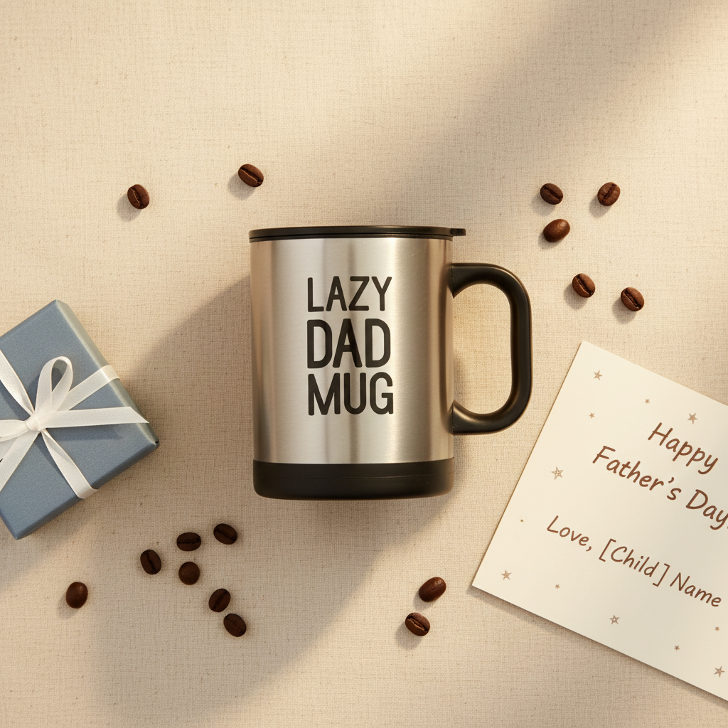 Self stirring Dad mug Father's Day flat lay with gift box, card and coffee beans on cream linen