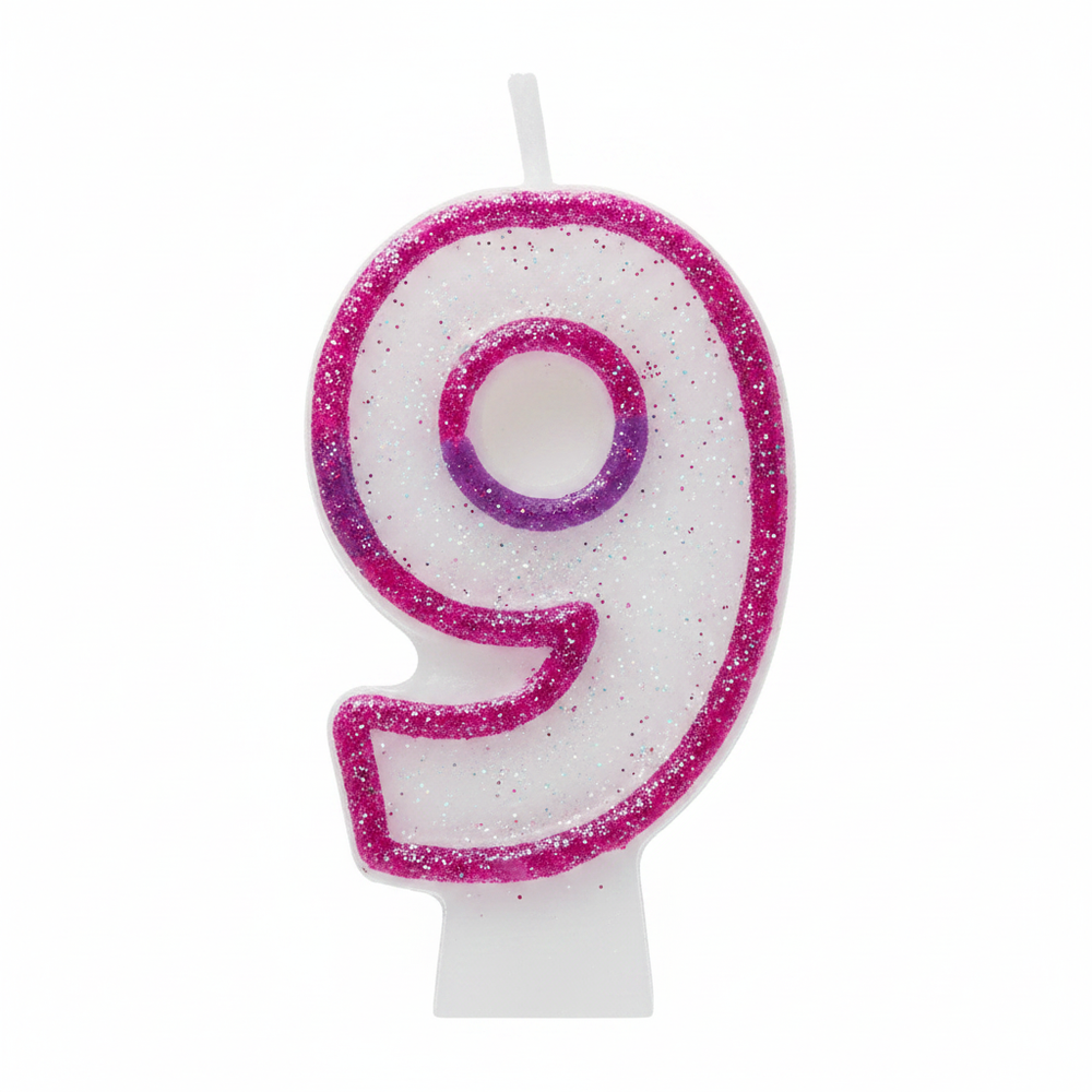 Pink Coloured Number 9 Birthday Candle on pure white background - studio hero shot