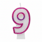 Pink Coloured Number 9 Birthday Candle on pure white background - studio hero shot