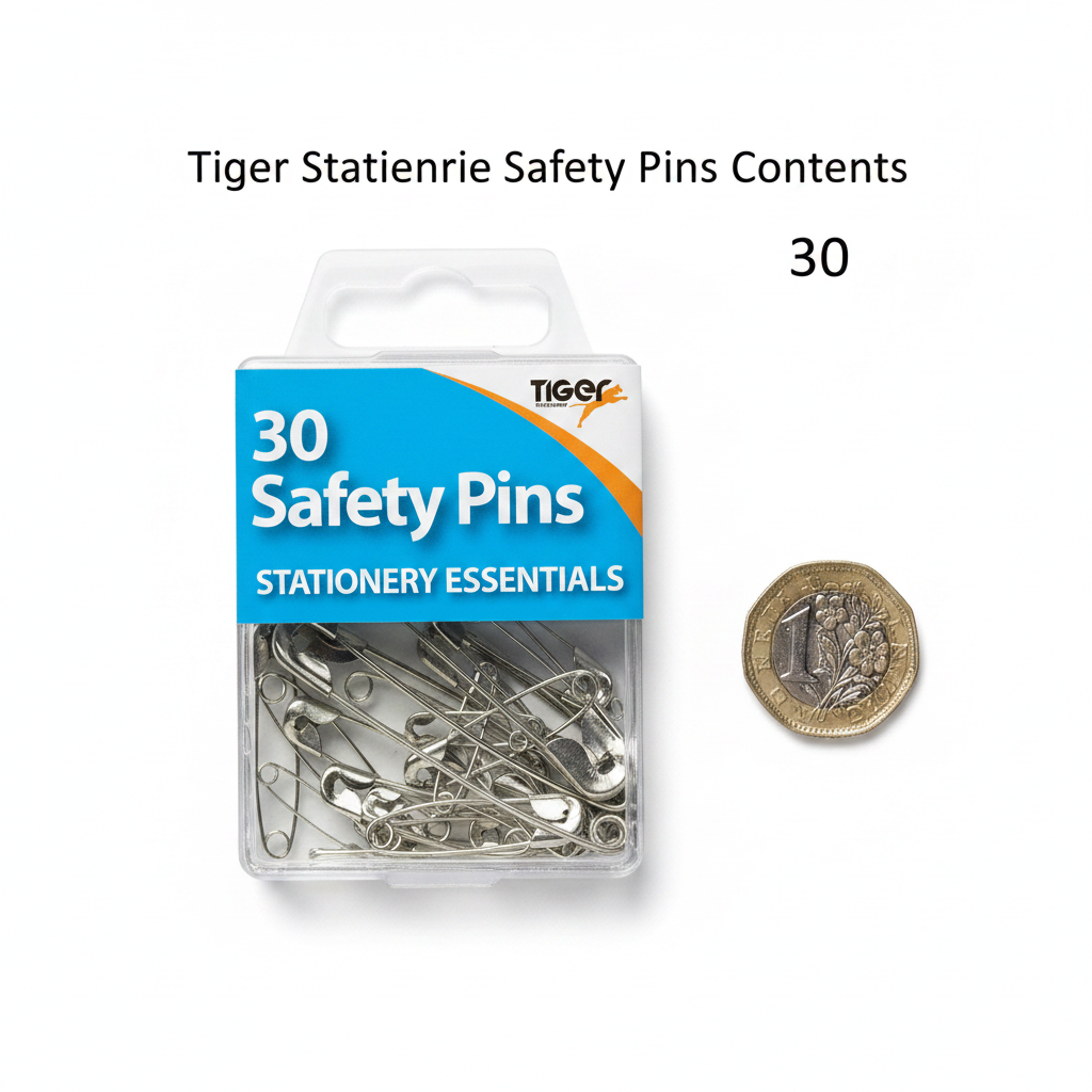 Tiger Stationery 30 assorted safety pins flat lay with clear storage box and £1 coin for scale — clean white background
