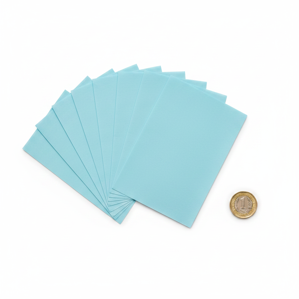 Light blue tissue paper sheets fanned out beside a £1 coin on white background showing size and scale