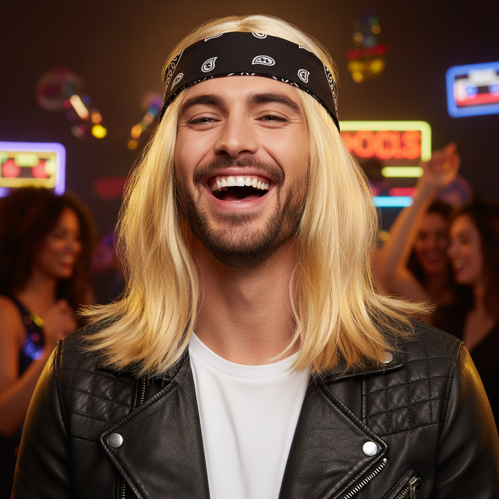 Man wearing Mens 90s Blonde Rocker Wig with Black and White Bandana laughing candidly at a 90s fancy dress party, cinematic bokeh background