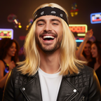 Man wearing Mens 90s Blonde Rocker Wig with Black and White Bandana laughing candidly at a 90s fancy dress party, cinematic bokeh background
