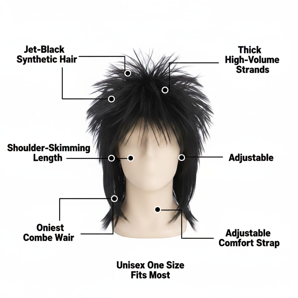 Black 80s rockstar wig feature callout infographic highlighting key product specs