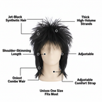 Black 80s rockstar wig feature callout infographic highlighting key product specs