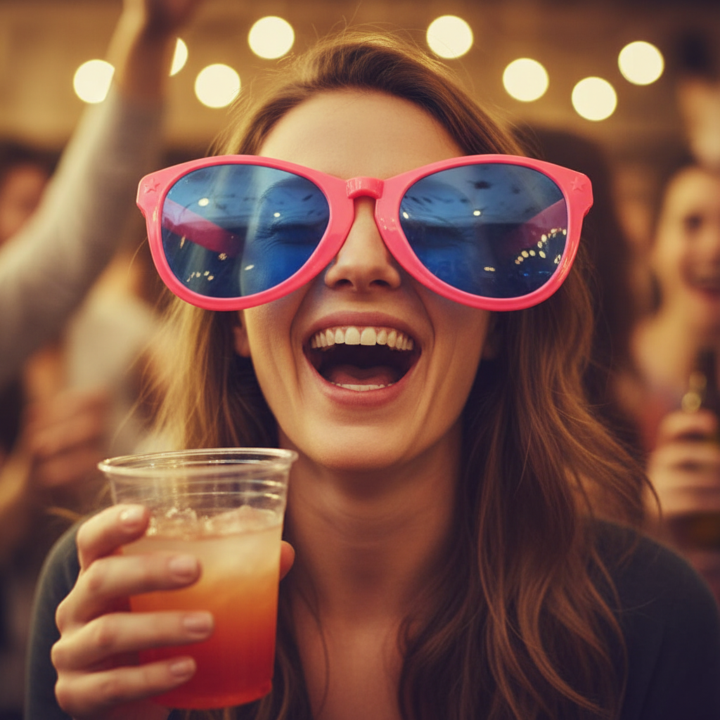 Woman wearing giant hot pink clown novelty glasses laughing at a party
