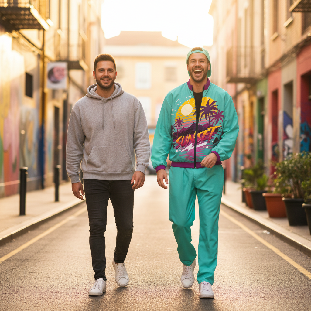 Two friends walking urban street with man wearing Mens 90s Sunset Tracksuit Large at golden hour