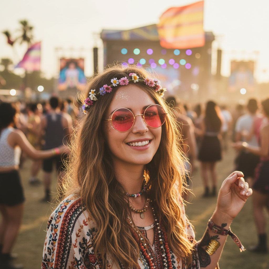 Smiling woman wearing round pink hippy glasses at a summer festival looking confident and radiant – desirable outcome of owning the product