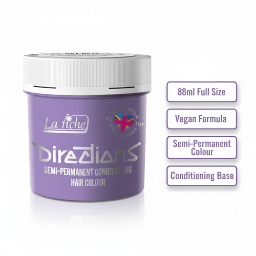 La Riche Directions Lilac Hair Dye 88ml infographic showing key features: vegan formula, 88ml size, conditioning base, semi-permanent, fade-resistant