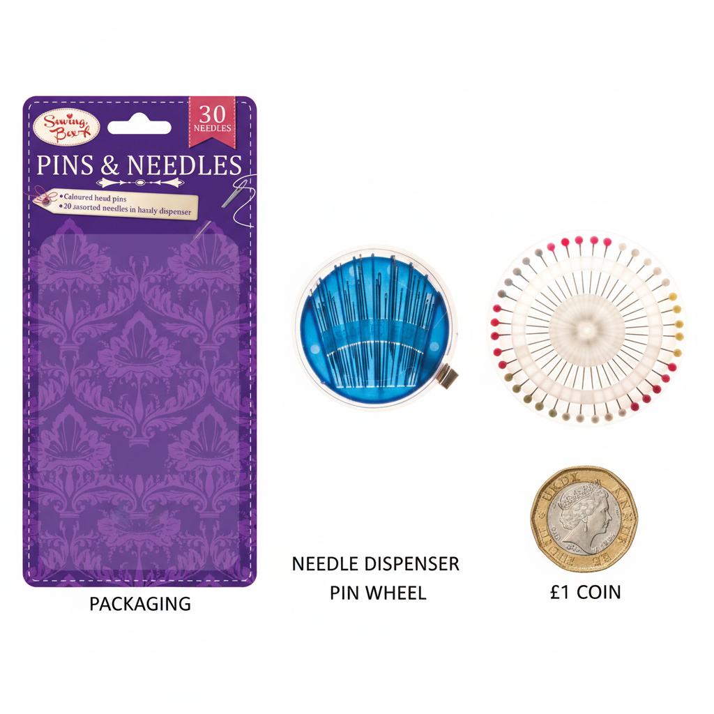 Flat lay of Sewing Box pins and needles 30-pack contents beside a £1 coin showing product scale on white background