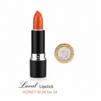 Laval Orange Lipstick Honey Bun 34 matte black tube beside a £1 coin on white background showing product size