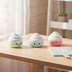 Squishy Cupcake Cuties trio displayed on children's bedroom desk - natural environment