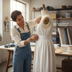 Fashion designer pinning soft white elastic onto a garment on a dress form in a studio