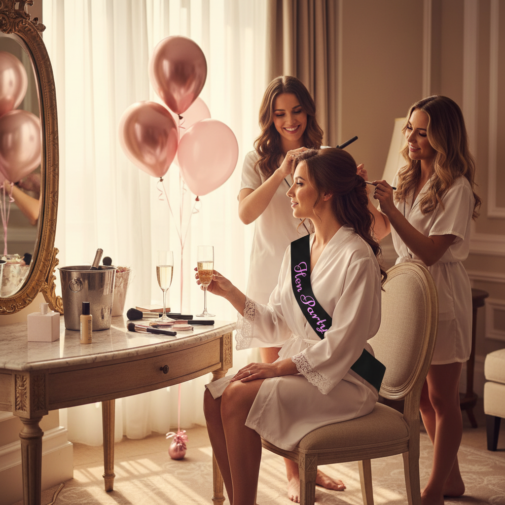 Bride wearing black hen party sash with pink writing getting ready with bridesmaids in hotel room