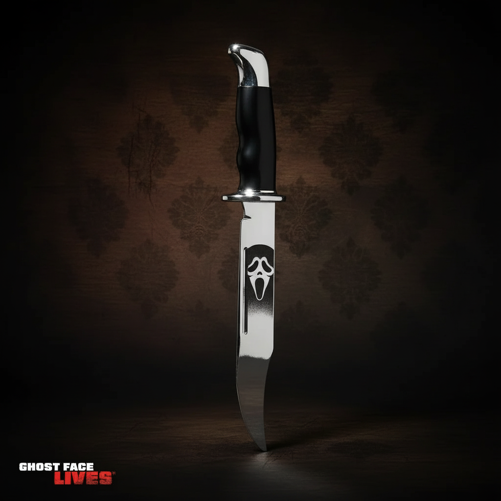 Ghost Face Scream 13 inch chrome Bowie knife with dramatic horror background - premium collector's piece