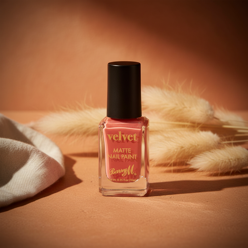 Barry M Velvet Matte Nail Paint Burning Sand 243 – aspirational golden-hour scene on terracotta surface with pampas grass