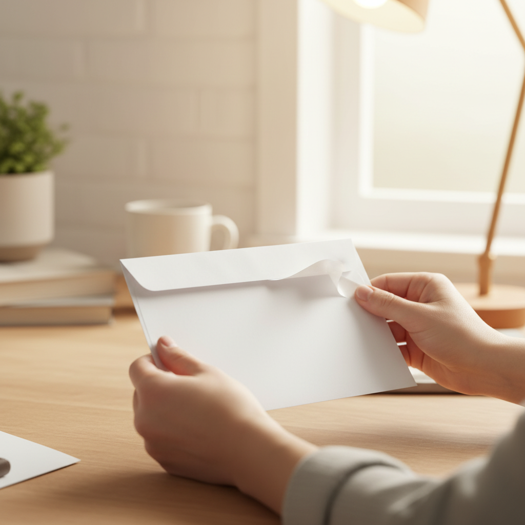 Hands peeling and sealing a Tallon White DL Peel & Seal Envelope — candid close-up showing ease of use