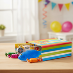 Vivid blue Sticky Fish Squishy Squeeze toy inside a colourful children's party bag on a wooden table