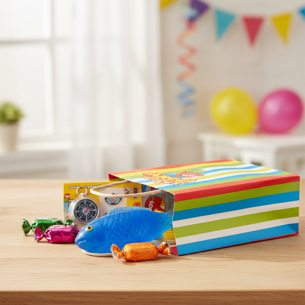 Vivid blue Sticky Fish Squishy Squeeze toy inside a colourful children's party bag on a wooden table