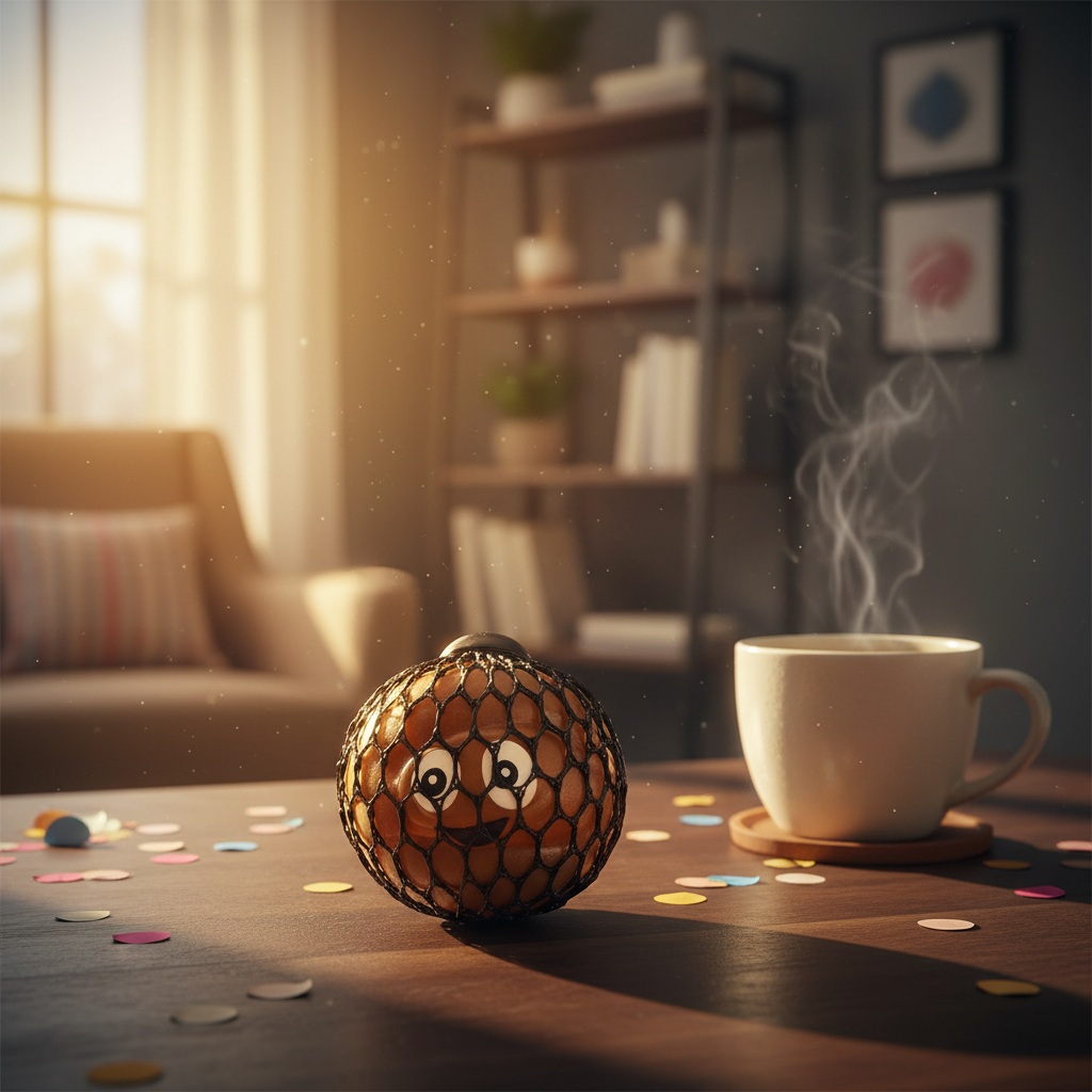 Squeezy Funny Face Poop novelty stress toy on a cosy desk with coffee mug in warm golden hour light