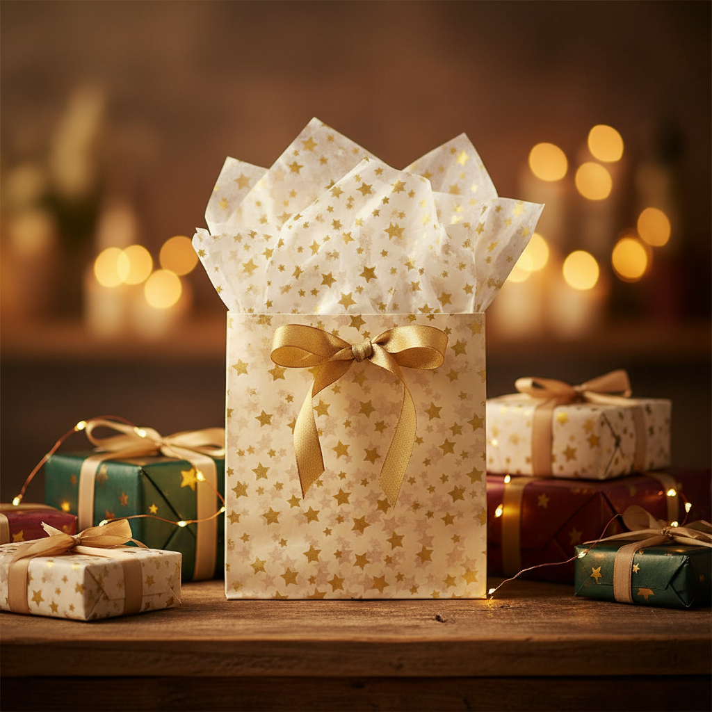 White and gold star tissue paper cascading from a gift bag surrounded by presents and fairy lights, golden hour warm light