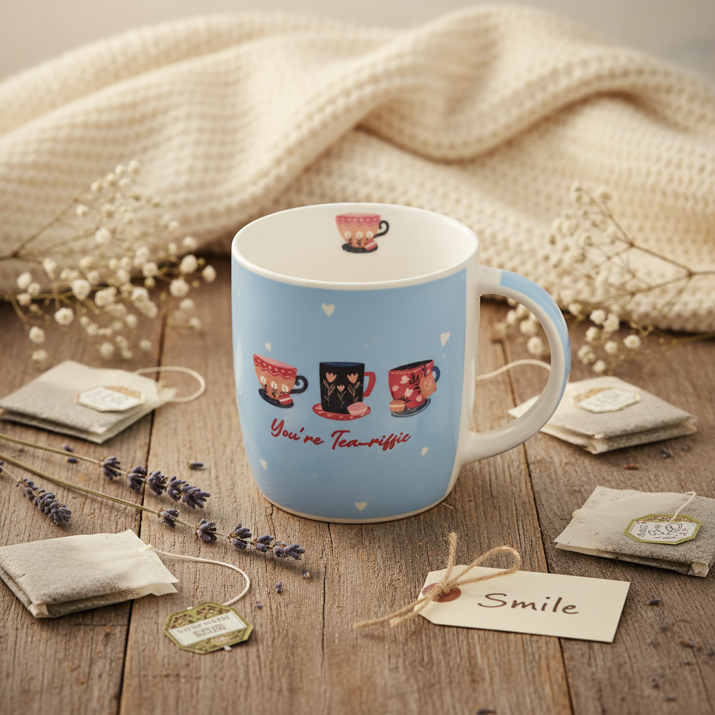 Flat lay of the You're Tea-Riffic gift mug with tea bags, dried flowers and a gift tag on a rustic wooden surface