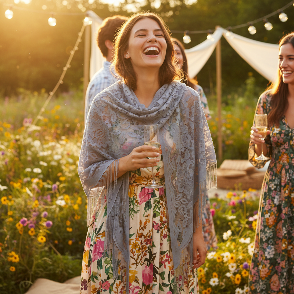 Young woman wearing grey vintage fringe shawl at boho garden party festival with friends at golden hour