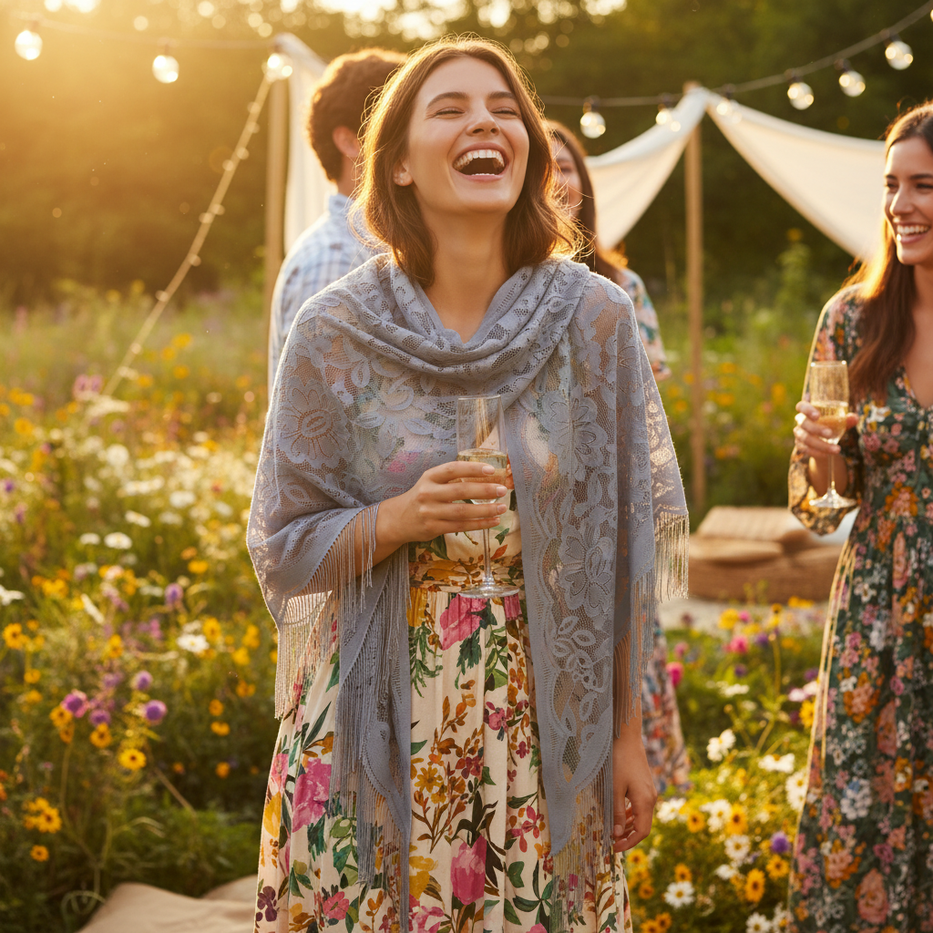 Young woman wearing grey vintage fringe shawl at boho garden party festival with friends at golden hour