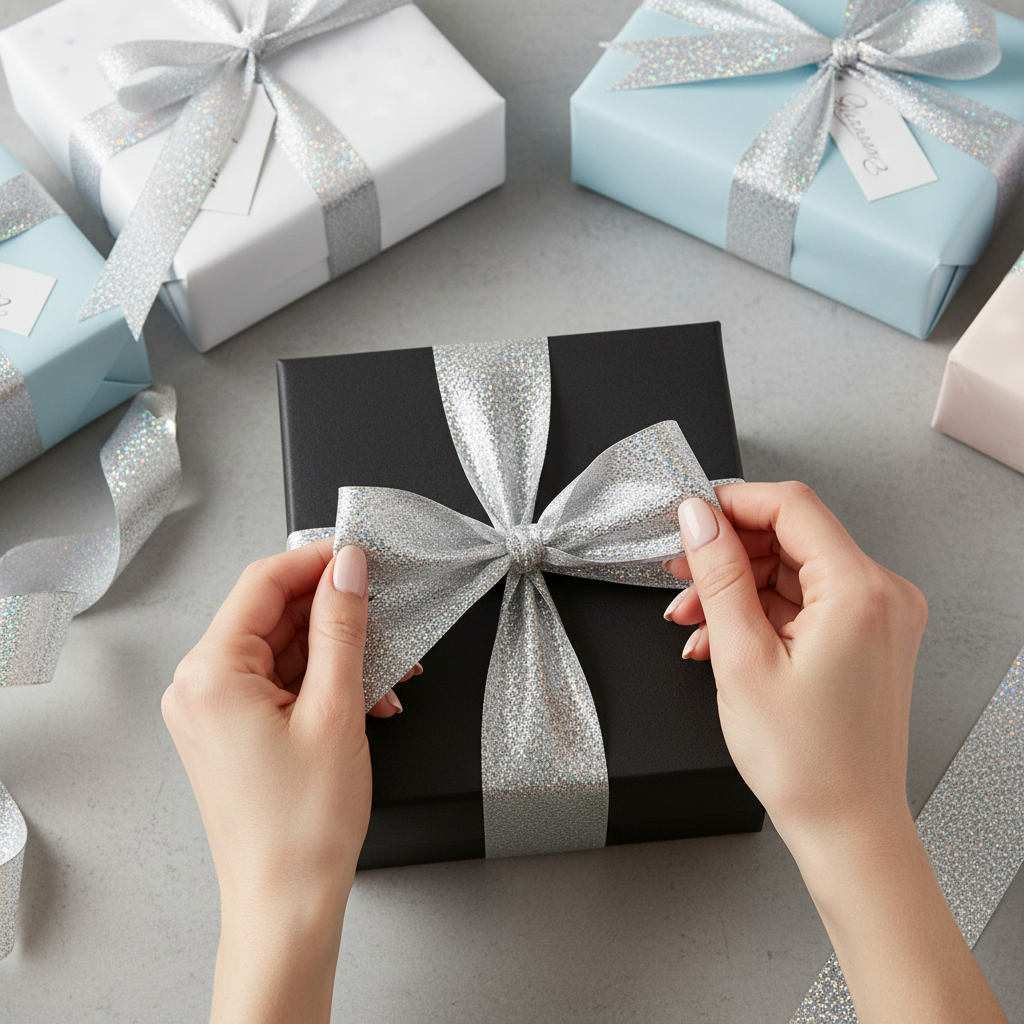 Hands tying holographic silver Eleganza ribbon into bow on luxury gift box - premium gift wrapping