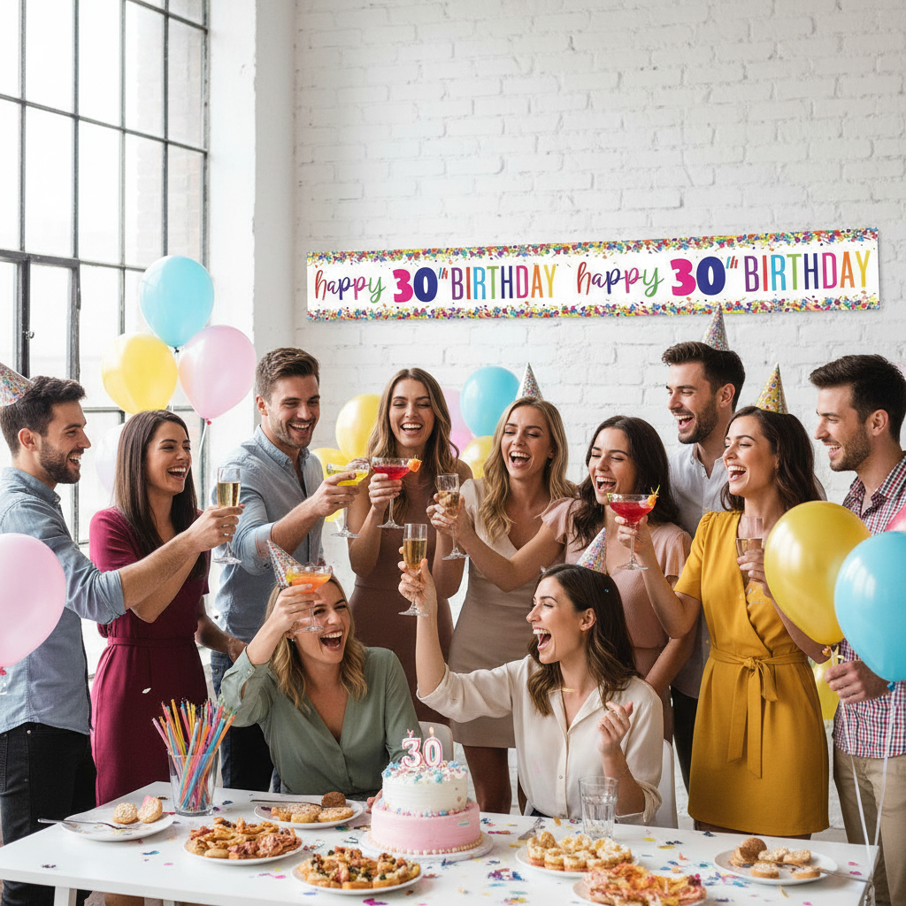Energetic 30th birthday celebration with friends featuring vibrant multi-coloured foil banner