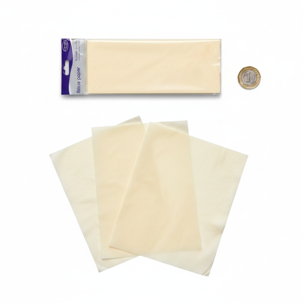 Ivory tissue paper pack of 10 placed beside a £1 coin on white background to show size, overhead flat lay product photography