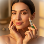 Aspirational beauty scene with W7 Tea Tree Concealer Stick Light/Medium, confident woman with flawless clear light-medium skin in golden hour cinematic light