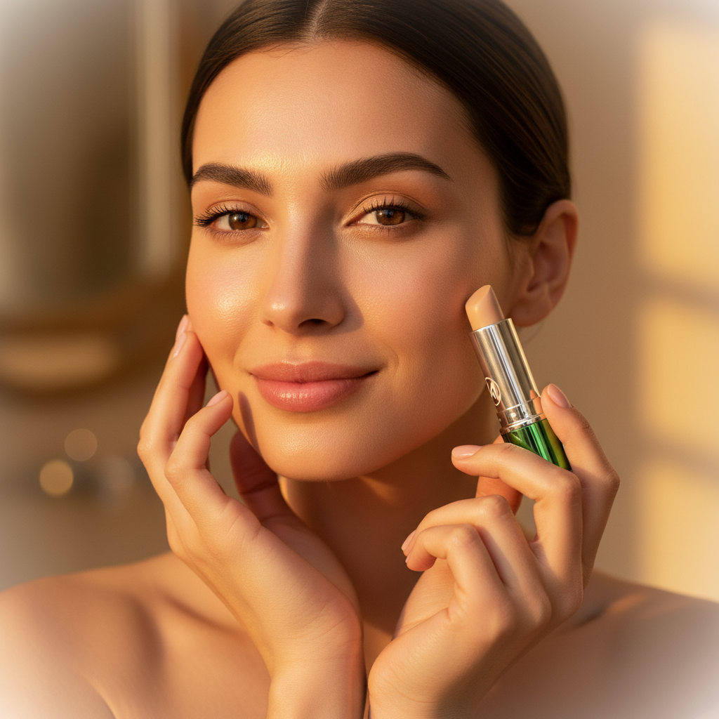 Aspirational beauty scene with W7 Tea Tree Concealer Stick Light/Medium, confident woman with flawless clear light-medium skin in golden hour cinematic light