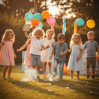 Children laughing with delight at a birthday party as fun snaps throwdowns pop on the ground, golden hour warm light